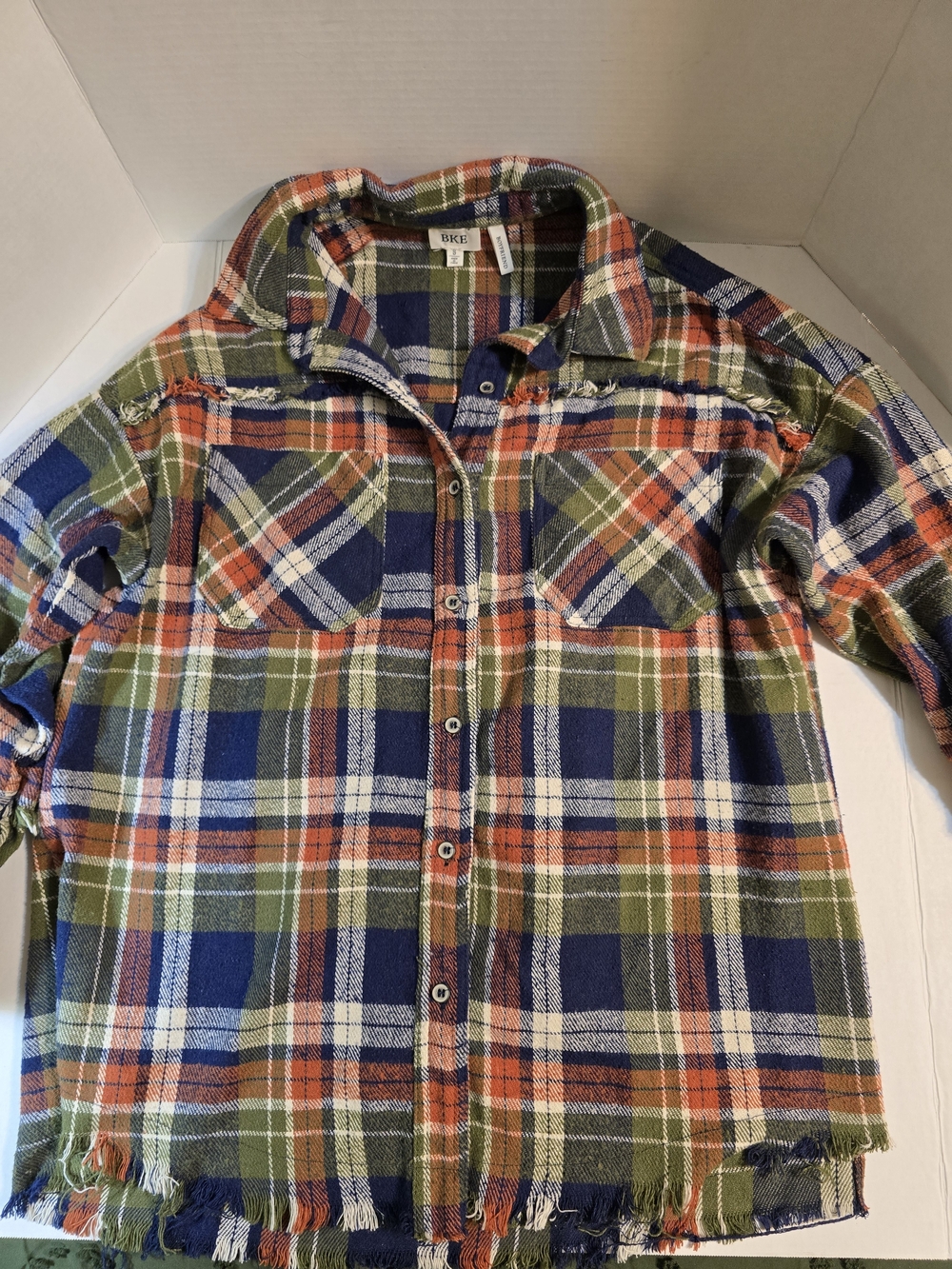 BKE Brand Women's Plaid Button-Up Shirt in Olive, Navy & Orange